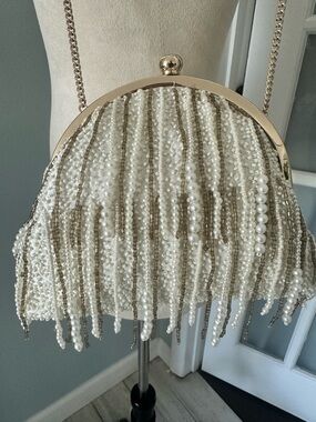 Vintage Ivory Pearl Fringe Evening Clutch with Gold Frame